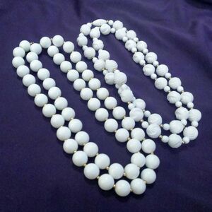 Two Long Vintage White and Gold Plastic Beaded Necklaces